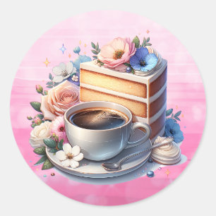 Piece of Cake, Cup of Coffee and Flowers Classic Round Sticker