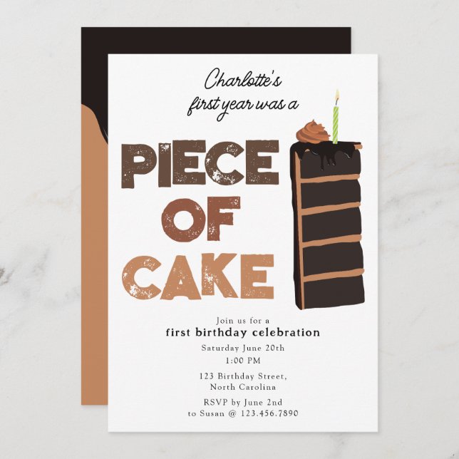 Piece of Cake Invite 1st  First Birthday Cute (Front/Back)