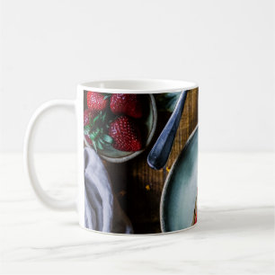 PIECE OF CAKE SERVED ON ROUND GRAY CERAMIC PLATE COFFEE MUG