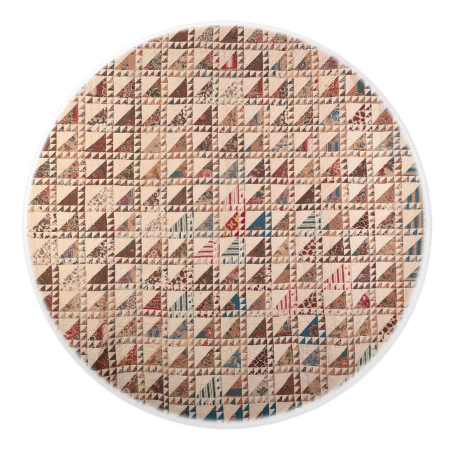 Pieced quilt in neutral colours ceramic knob (Front)