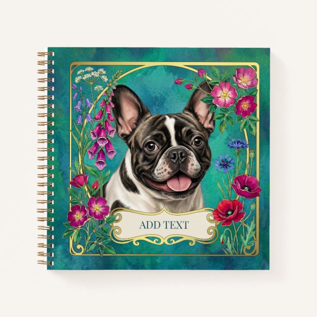 Pied French Bulldog Floral Botanical Teal Notebook (Front)