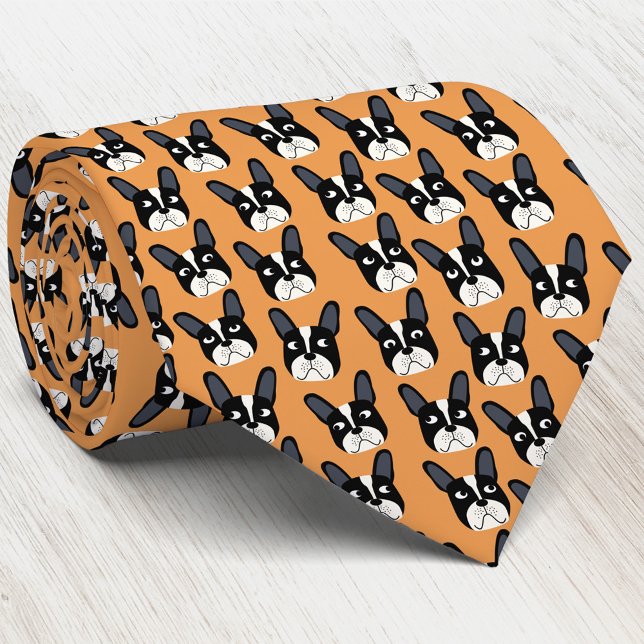 Pied French Bulldog Orange Neck Tie (Pied French Bulldog dog pattern orange art neck tie)