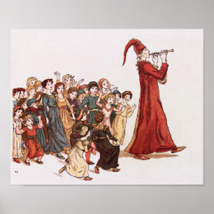 Pied Piper Leading the Children Vintage Poster