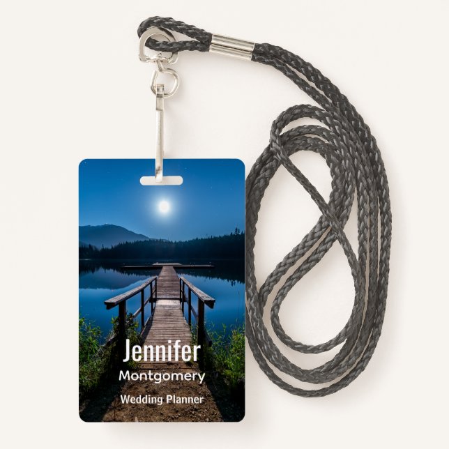 Pier at Night under a Full Moon ID Badge (Front with Lanyard)