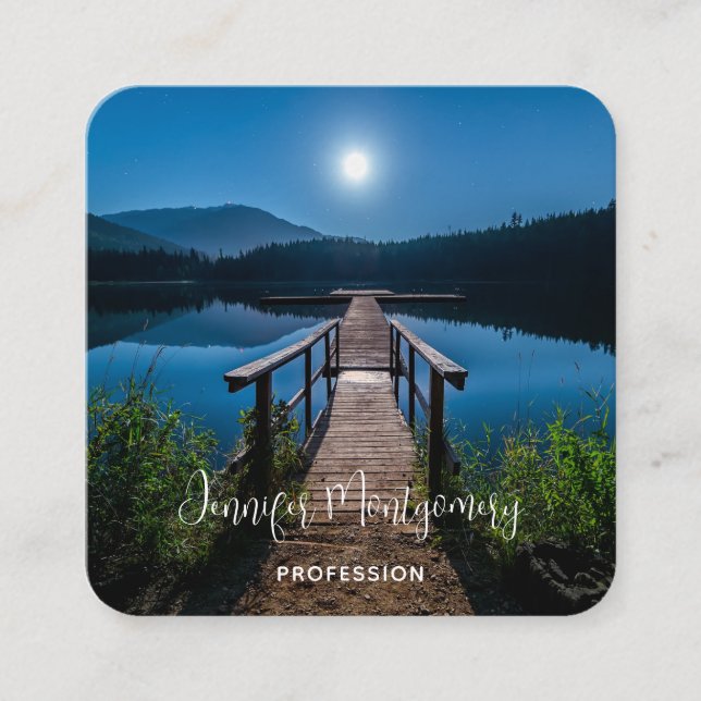 Pier at Night under a Full Moon Square Business Card (Front)