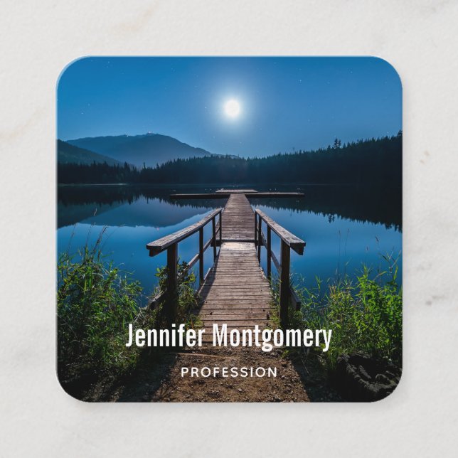 Pier at Night under a Full Moon Square Business Card (Front)