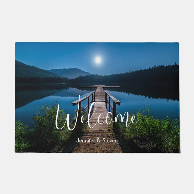 Pier at Night under a Full Moon Welcome Doormat (Front)
