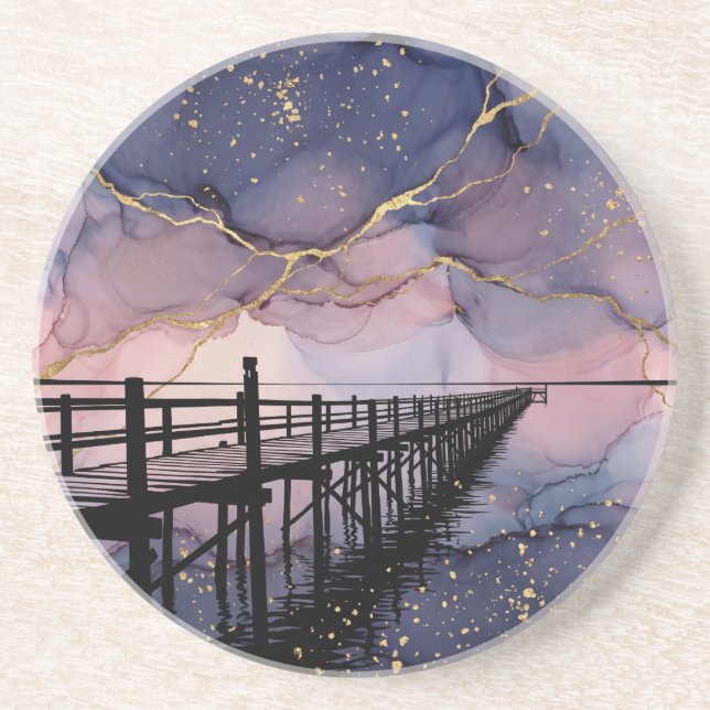 Pier at Twilight Alcohol Ink Dusk Sandstone Coaste Coaster (Front)