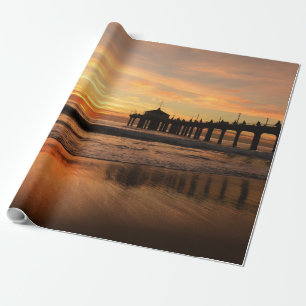 Pier beach sunset wrapping paper