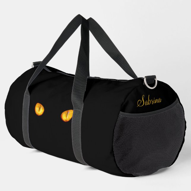 Piercing Stare Golden Eyes Black Cat with Name Duffle Bag (Right Corner)