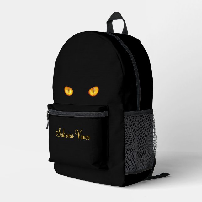 Piercing Stare Golden Eyes Black Cat with Name Printed Backpack (Back Corner Right)