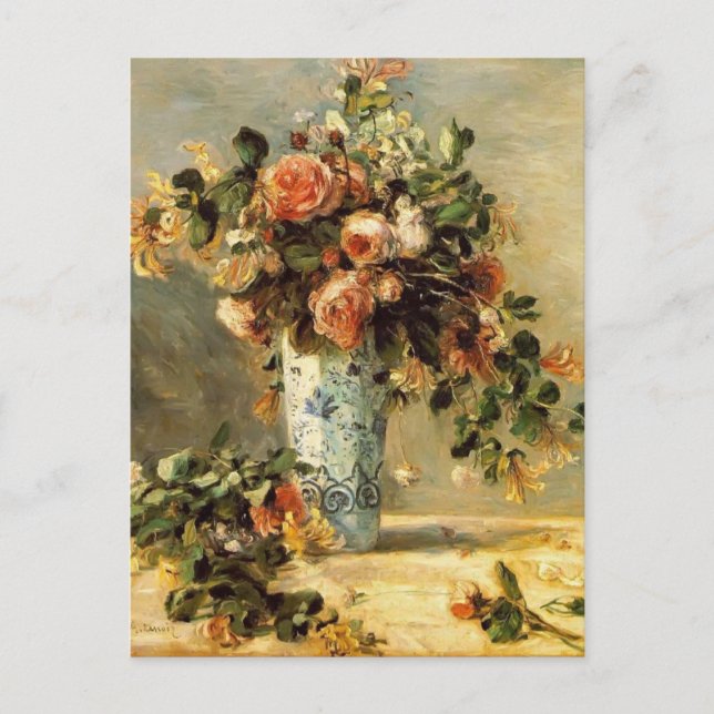 Pierre Renoir- Roses and Jasmine in a Delft Vase Postcard (Front)