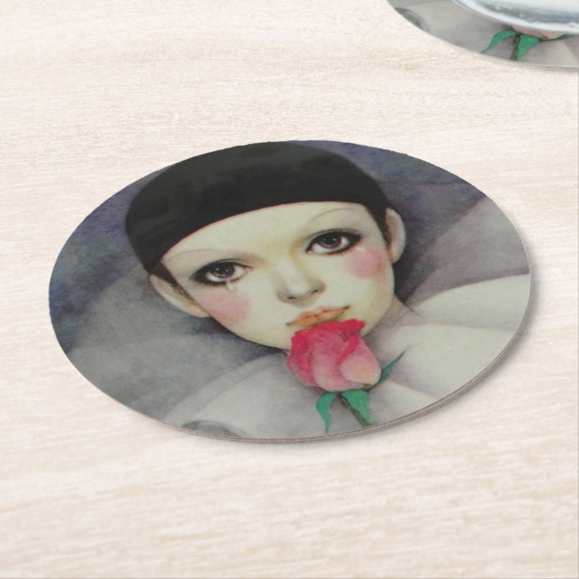 Pierrot 1980s round paper coaster (Angled)