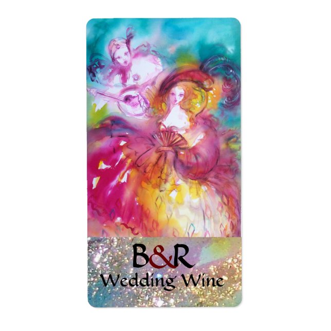 PIERROT AND ARLECCHINA Venetian Masks Wedding Wine (Front)