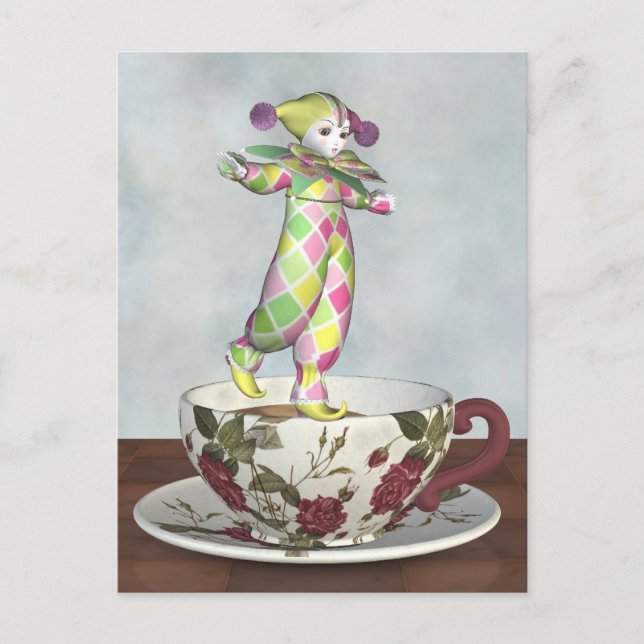 Pierrot Clown Doll Balancing on a Tea Cup Postcard (Front)