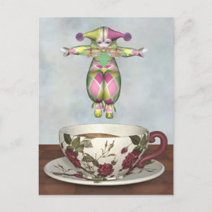 Pierrot Clown Doll Jumping into a Tea Cup Postcard