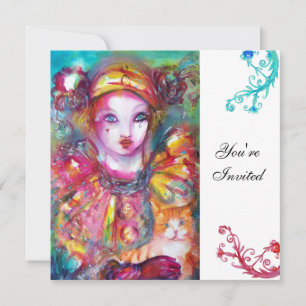 PIERROT WITH CAT / Mardi Gras Masquerade Party Invitation
