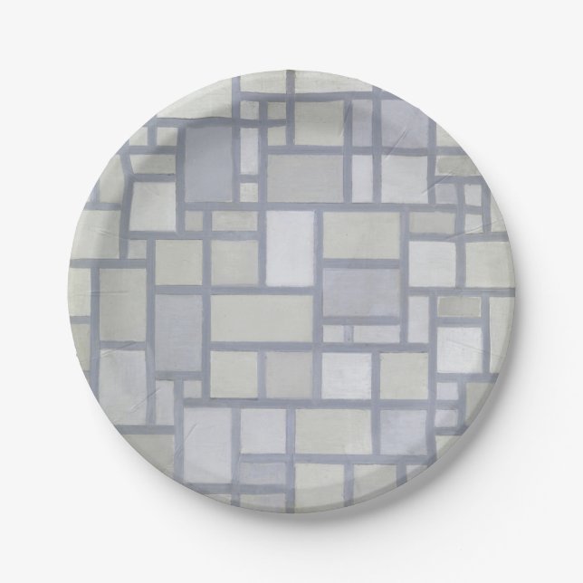 Piet Mondrian Abstract Geometric Grey Grid Art Paper Plate (Front)