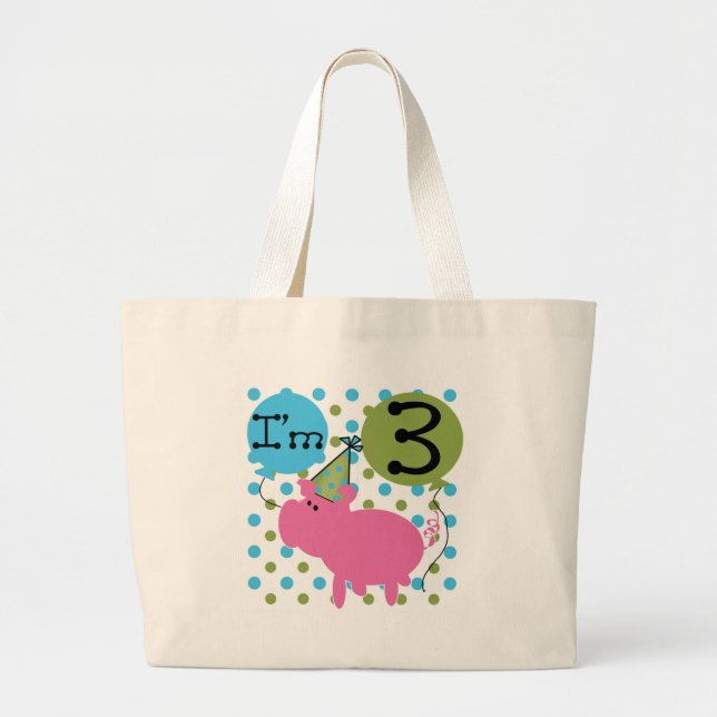 Pig 3rd Birthday Tshirts and Gifts Large Tote Bag (Front)