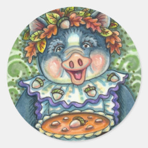 PIG & ACORN PIE, THANKSGIVING MADE WITH LOVE CLASSIC ROUND STICKER
