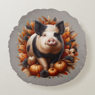 Pig and Autumn Foliage Round Cushion