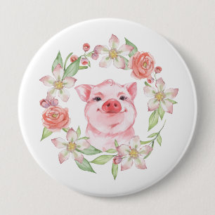 Pig and flowers 10 cm round badge