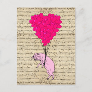 Pig and heart balloons postcard