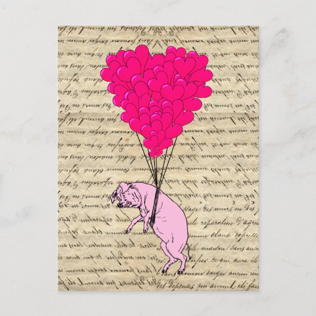 Pig and heart balloons postcard (Front)