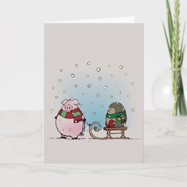Pig and hedgehog with scarfs holiday card (Front)