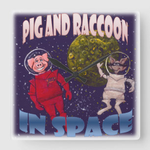 Pig and Racoon in Space Square Wall Clock