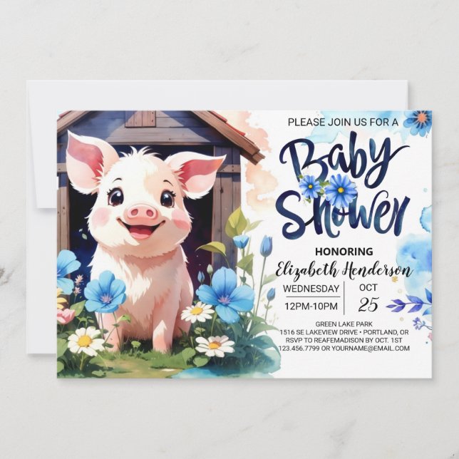 Pig and Wildflowers Farm Baby Shower Invitation (Front)