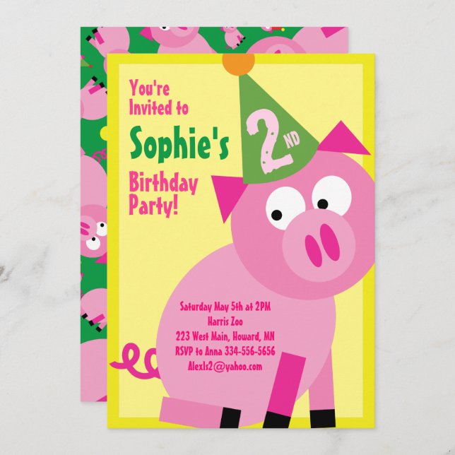 Pig Animal Kid's Birthday Party Invitations (Front/Back)