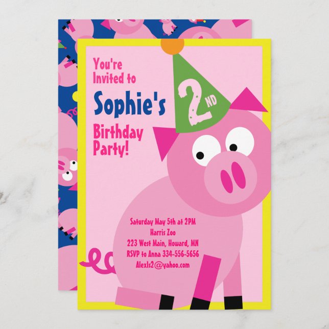 Pig Animal Kid's Birthday Party Invitations (Front/Back)