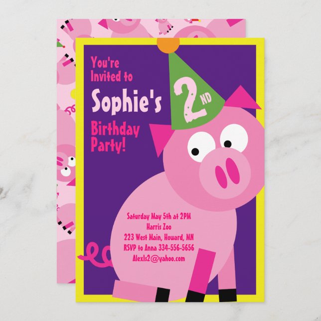 Pig Animal Kid's Birthday Party Invitations (Front/Back)