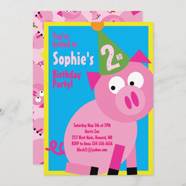 Pig Animal Kid's Birthday Party Invitations (Front/Back)