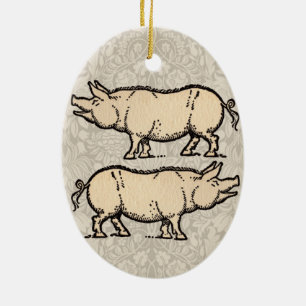 Pig Antique Piggy Cute Vintage Illustration Ceramic Tree Decoration