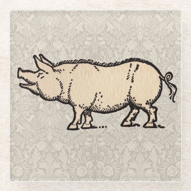 Pig Antique Piggy Cute Vintage Illustration Glass Coaster (Front)