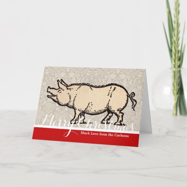 Pig Antique Piggy Cute Vintage Illustration Holiday Card (Front)