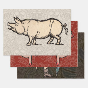 Pig Antique Piggy Cute Vintage Illustration Wrapping Paper Sheet