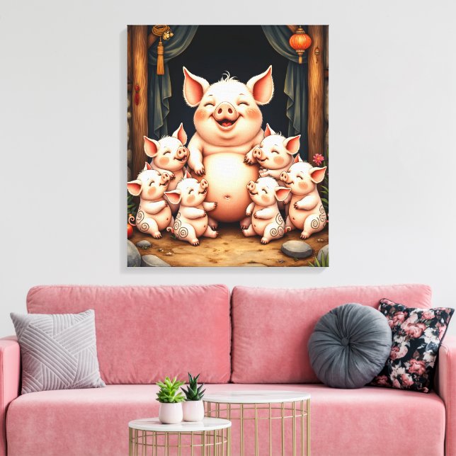  Pig Art – Mother & Piglets Canvas Print (Insitu(LivingRoom))
