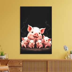 Pig Artwork – Mother Pig & Piglets Canvas Print