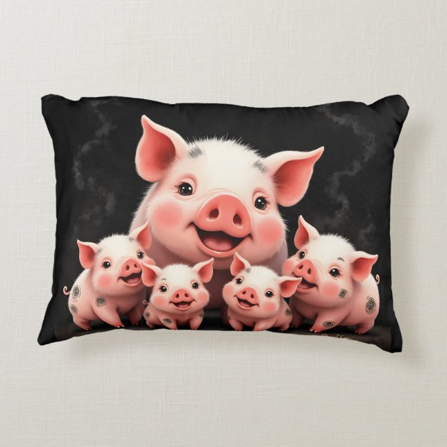 Pig Artwork – Mother Pig & Piglets Decorative Cushion (Back)
