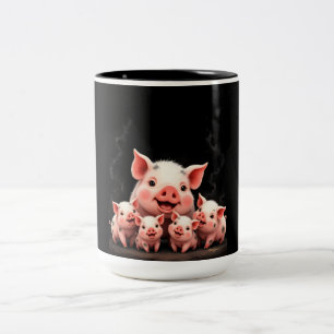 Pig Artwork – Mother Pig & Piglets Two-Tone Coffee Mug