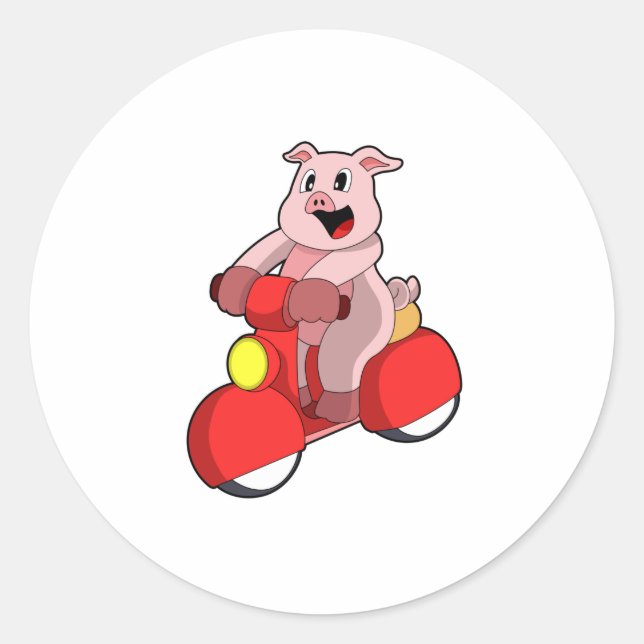 Pig as Biker with Scooter Classic Round Sticker (Front)
