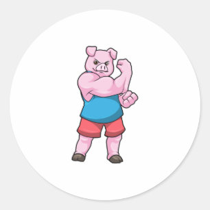 Pig as Bodybuilder with big Upper arm Classic Round Sticker