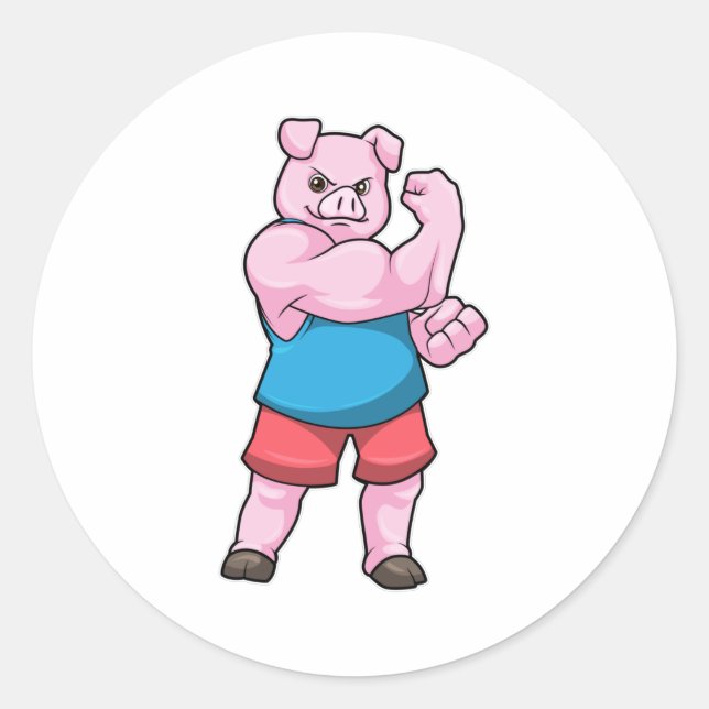 Pig as Bodybuilder with big Upper arm Classic Round Sticker (Front)