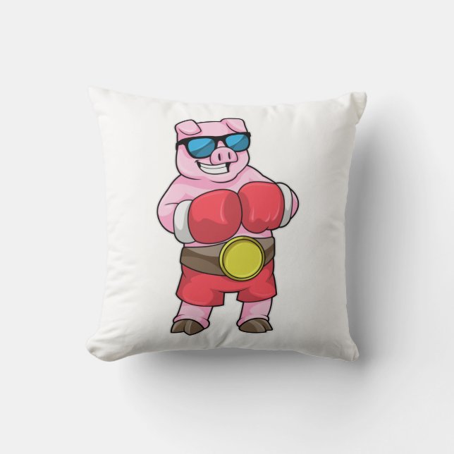 Pig as Boxer with Boxing gloves Cushion (Front)
