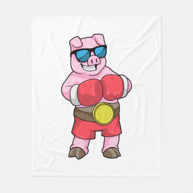 Pig as Boxer with Boxing gloves Fleece Blanket (Front)