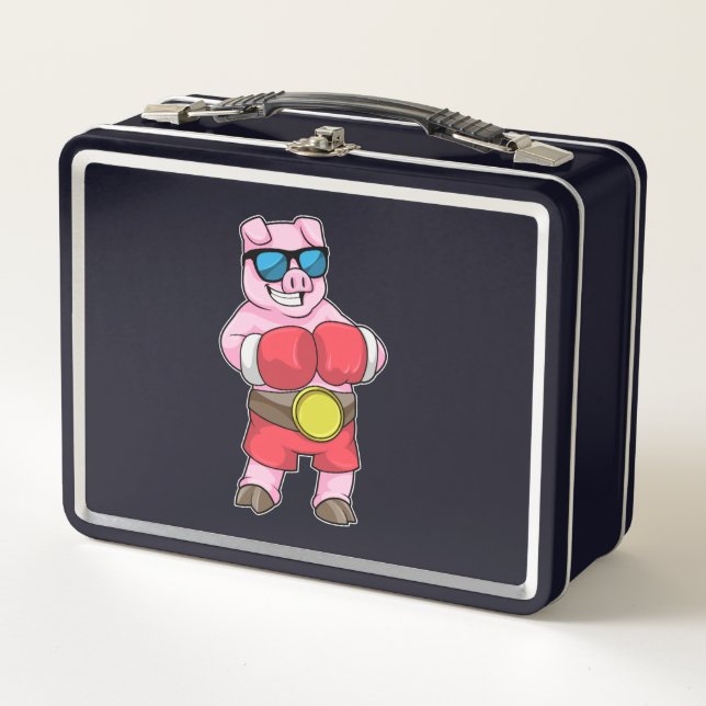Pig as Boxer with Boxing gloves Metal Lunch Box (Front)