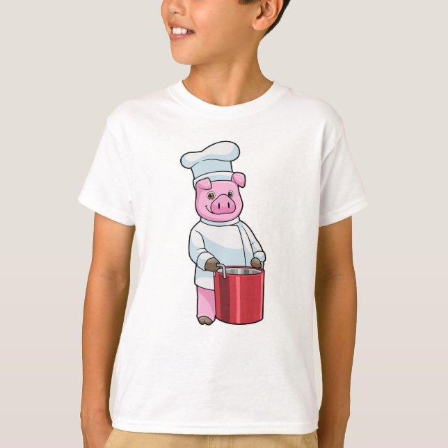 Pig as Cook with Cooking pot T-Shirt (Front)